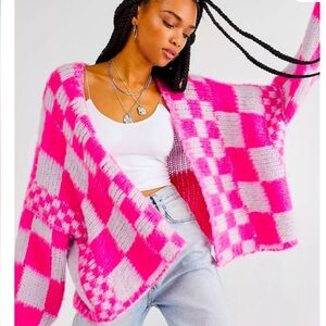 Free People Aldrin Cardi Vibrant Pink Checkered Cardigan size xs/s euc